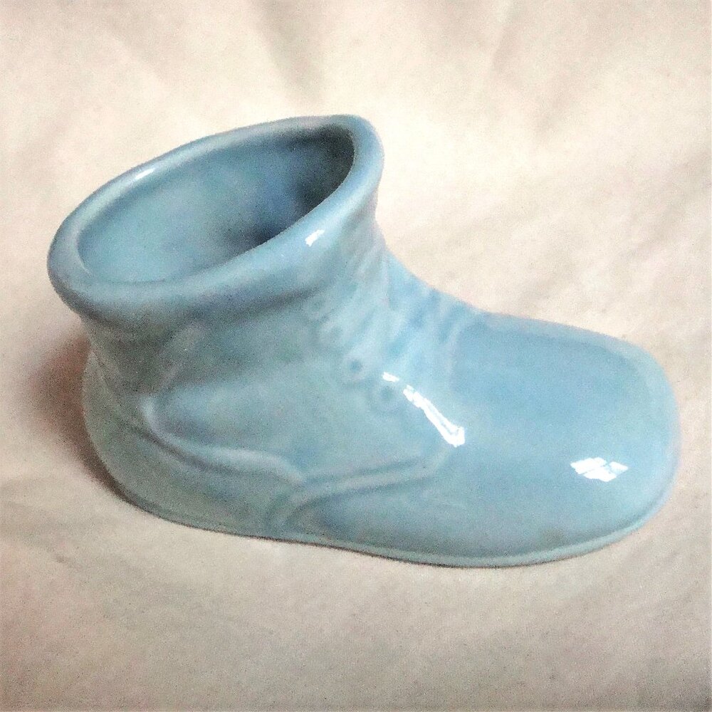 VTG Blue Ceramic Baby Shoe Nursery Planter Small
